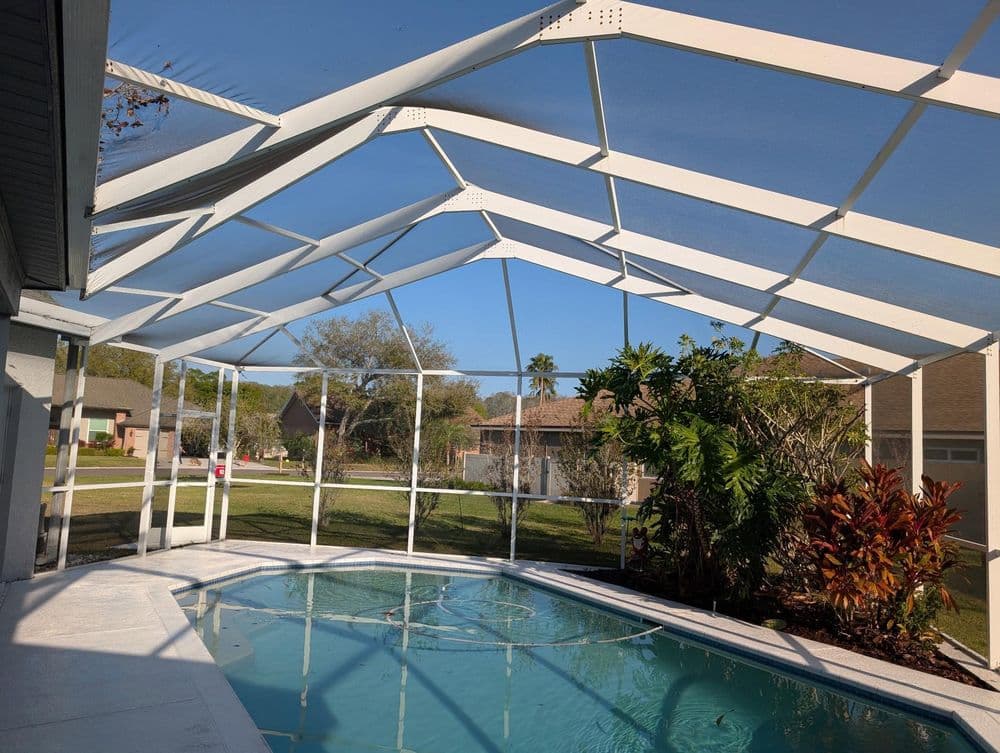 Bright pool area within a screened enclosure surrounded by greenery and landscaped yard.